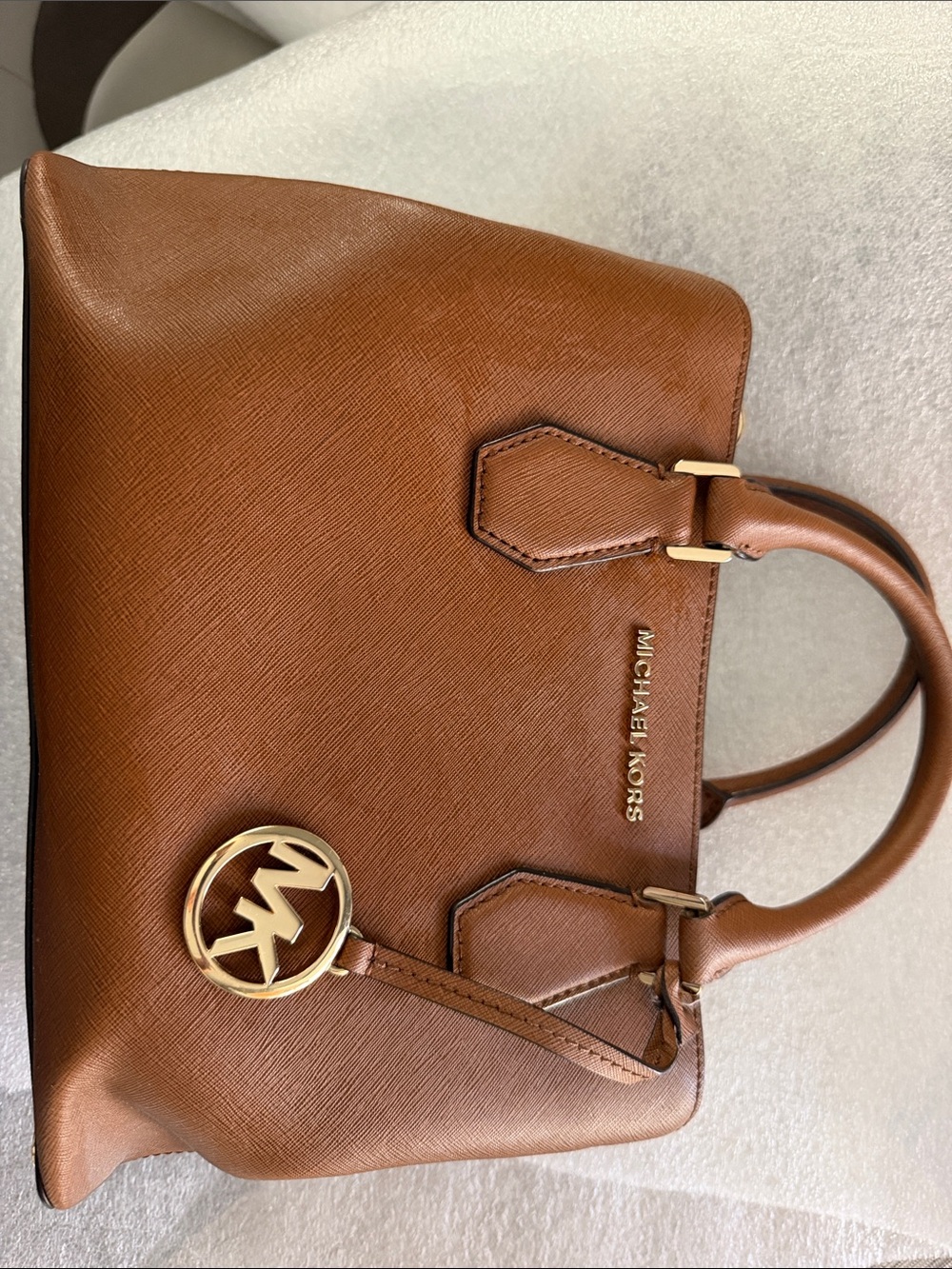 Michael Kors Cognac Saffiano Leather Satchel with Gold Hardware
